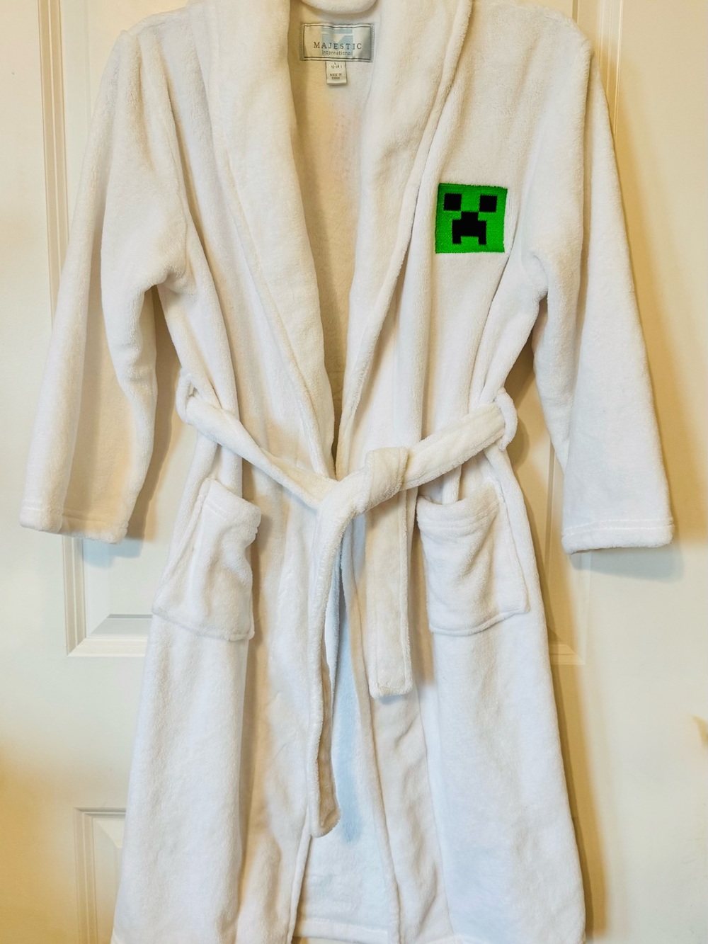 Majestic White Kids Plush Robe with Green Creeper Patch